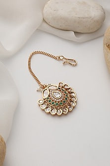 Rose Gold Finish Green Kundan Polki Maangtikka