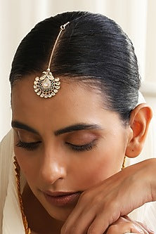 Rose Gold Finish Green Kundan Polki Maangtikka