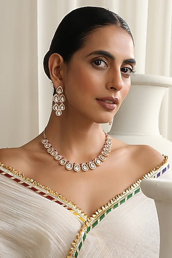 Rose Gold Finish Red Kundan Polki Necklace Set