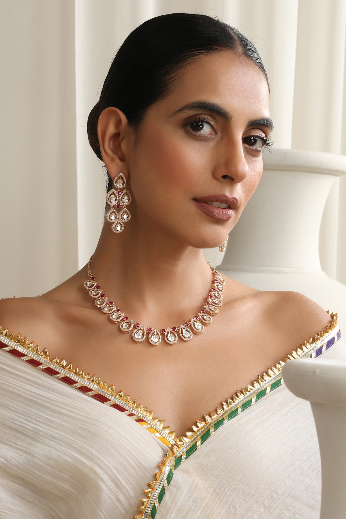 Rose Gold Finish Red Kundan Polki Necklace Set