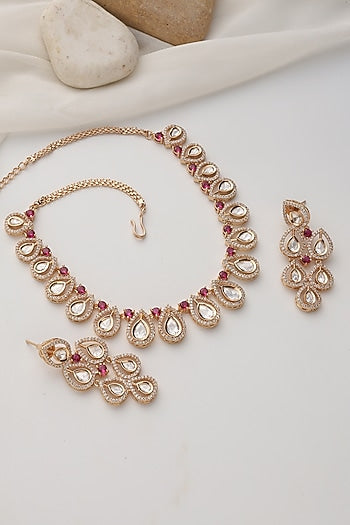 Rose Gold Finish Red Kundan Polki Necklace Set