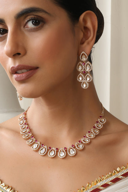 Rose Gold Finish Red Kundan Polki Necklace Set
