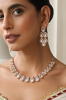 Rose Gold Finish Red Kundan Polki Necklace Set