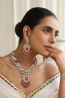 Gold Finish Red Kundan Polki Layered Necklace Set