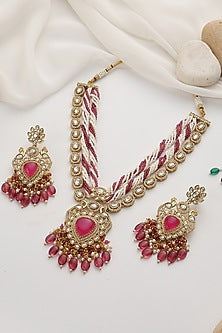 Gold Finish Red Kundan Polki Layered Necklace Set