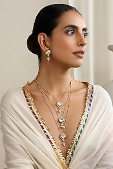 Gold Finish White Kundan Polki Layered Necklace Set