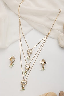 Gold Finish White Kundan Polki Layered Necklace Set