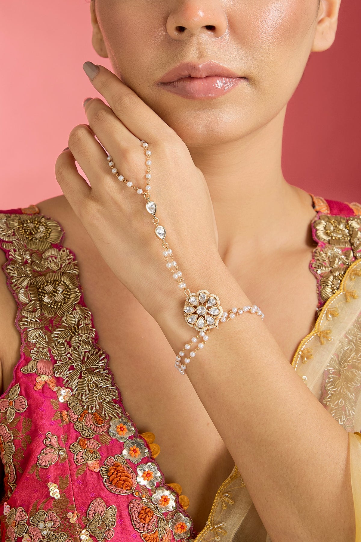Rose Gold Finish Kundan Polki Hathphool