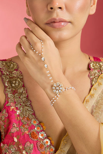 Rose Gold Finish Kundan Polki Hathphool