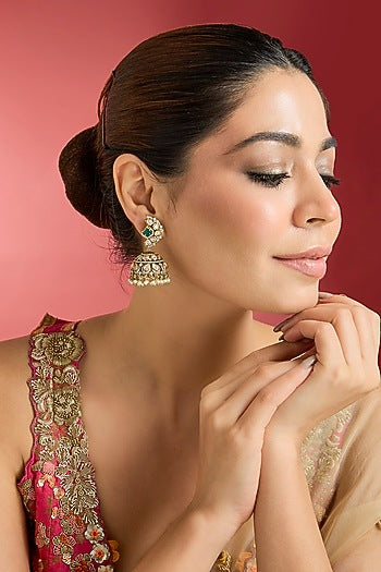 Gold Finish Green Kundan Polki Jhumka Earrings