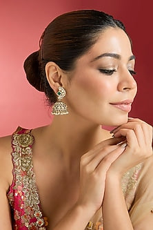 Gold Finish Green Kundan Polki Jhumka Earrings