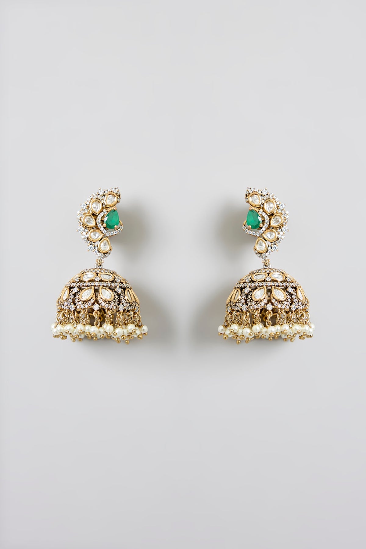 Gold Finish Green Kundan Polki Jhumka Earrings
