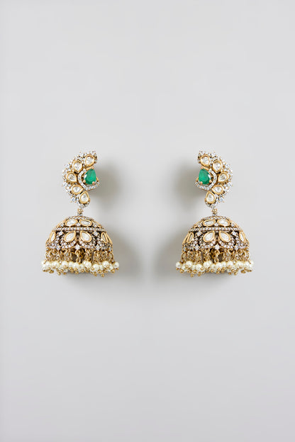Gold Finish Green Kundan Polki Jhumka Earrings