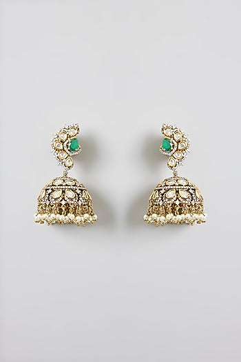 Gold Finish Green Kundan Polki Jhumka Earrings
