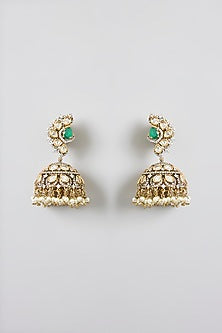 Gold Finish Green Kundan Polki Jhumka Earrings