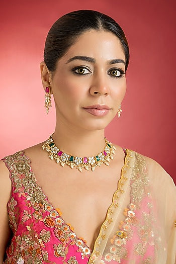 Rose Gold Finish Multi-Colored Jadau Kundan Polki Choker Necklace Set