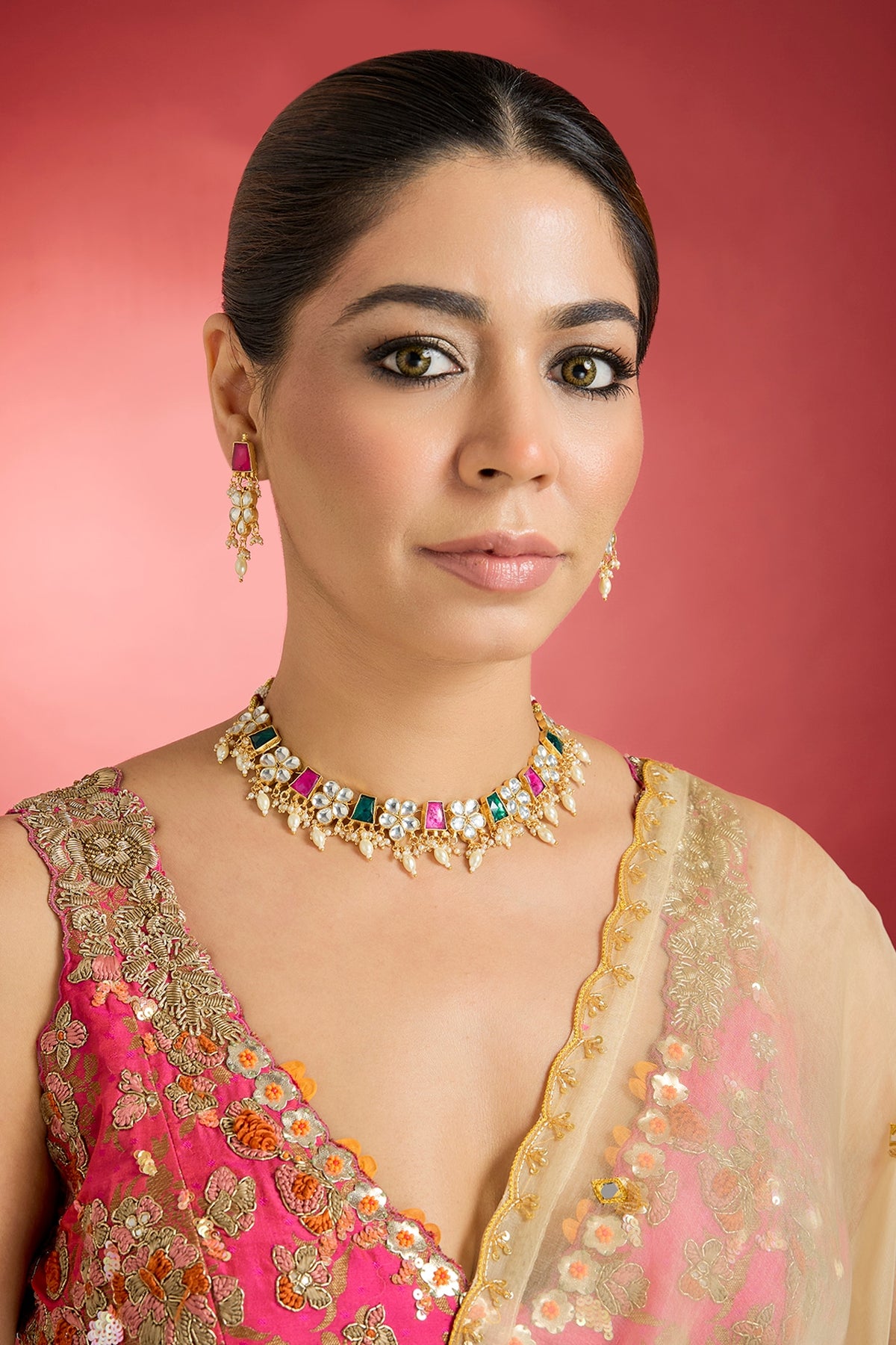 Rose Gold Finish Multi-Colored Jadau Kundan Polki Choker Necklace Set