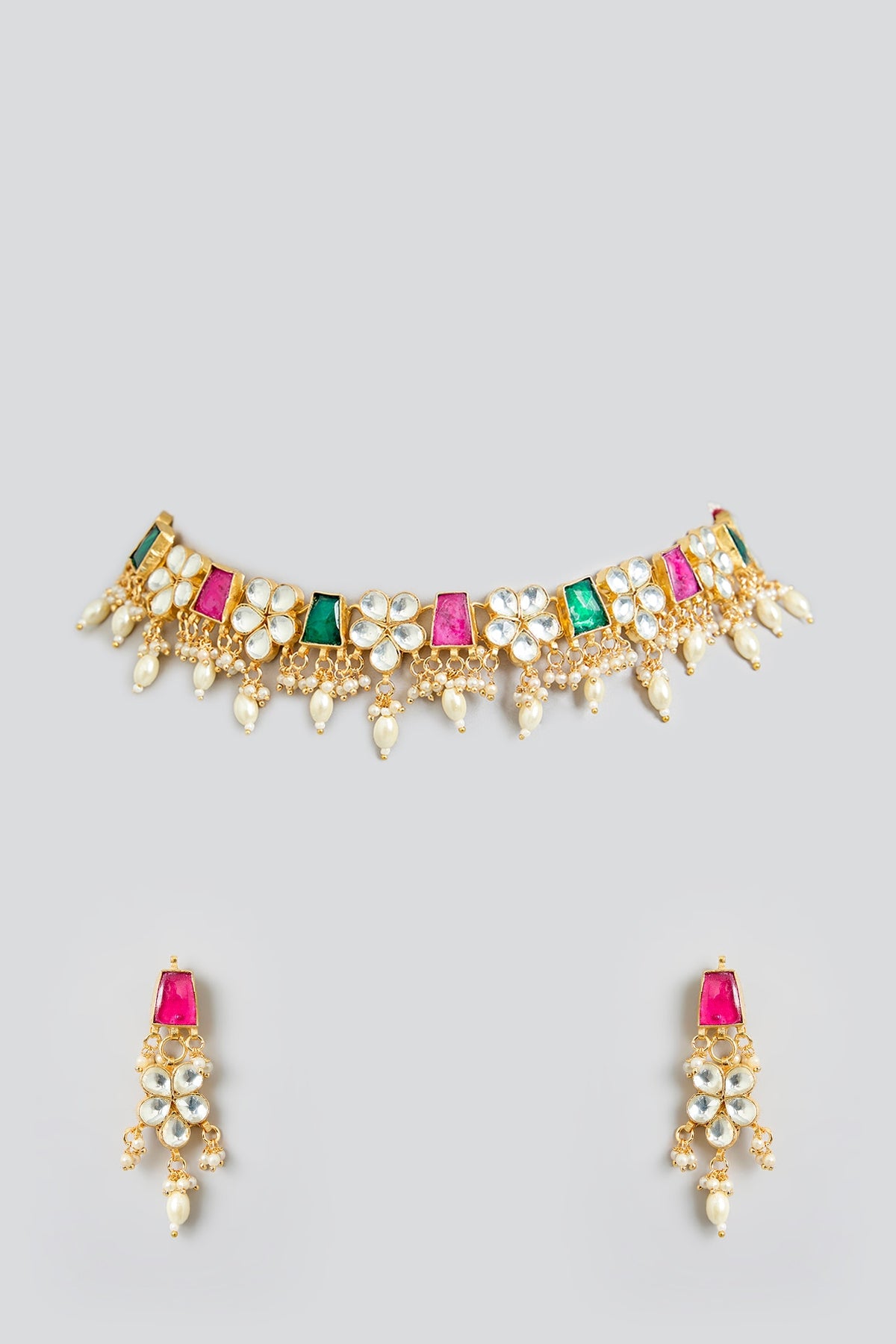 Rose Gold Finish Multi-Colored Jadau Kundan Polki Choker Necklace Set