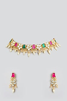 Rose Gold Finish Multi-Colored Jadau Kundan Polki Choker Necklace Set