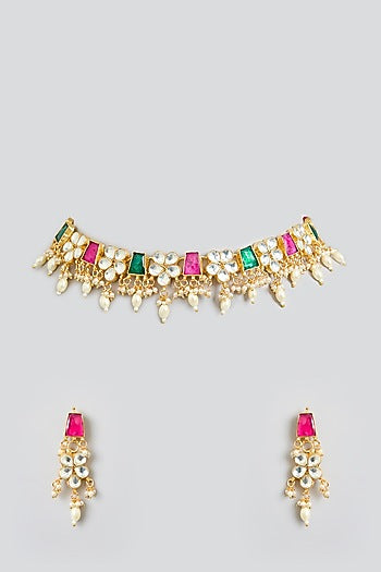Rose Gold Finish Multi-Colored Jadau Kundan Polki Choker Necklace Set