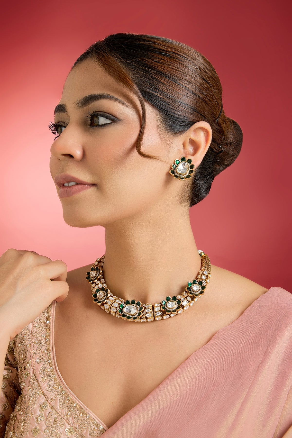 Rose Gold Finish Green Kundan Polki Hasli Necklace Set