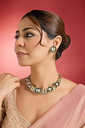 Rose Gold Finish Green Kundan Polki Hasli Necklace Set