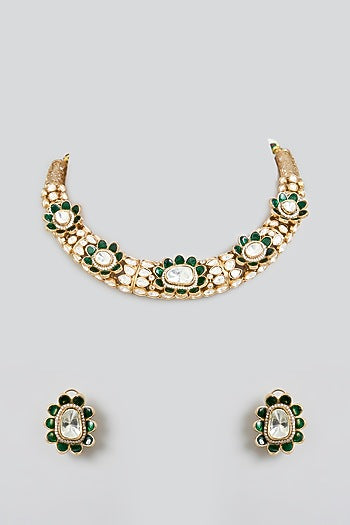 Rose Gold Finish Green Kundan Polki Hasli Necklace Set