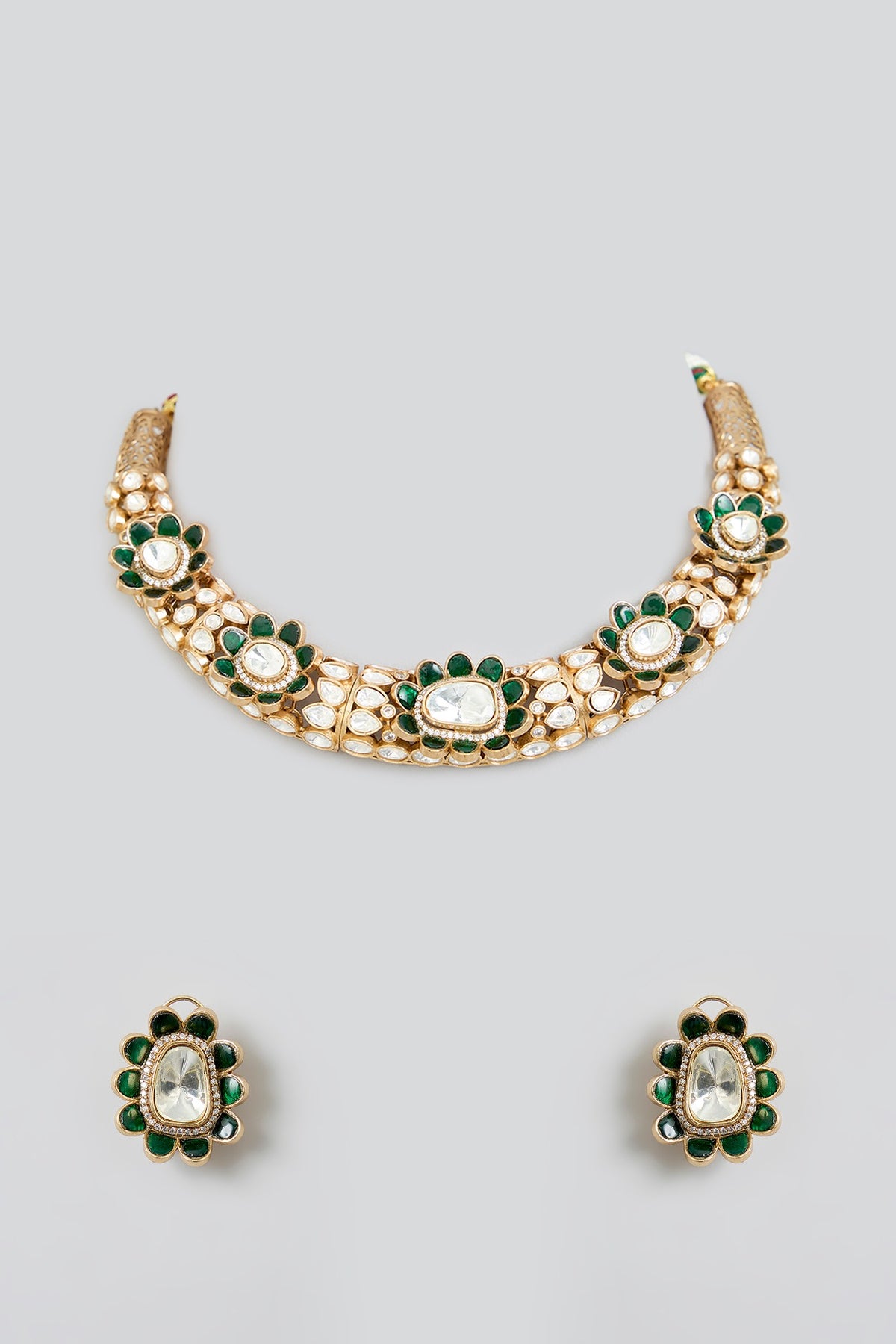 Rose Gold Finish Green Kundan Polki Hasli Necklace Set