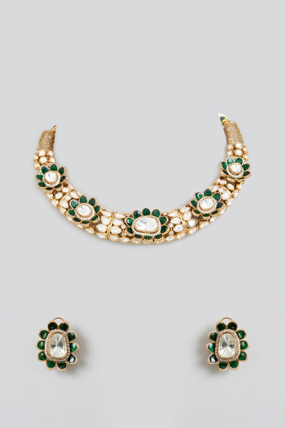 Rose Gold Finish Green Kundan Polki Hasli Necklace Set