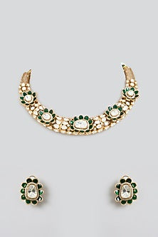 Rose Gold Finish Green Kundan Polki Hasli Necklace Set