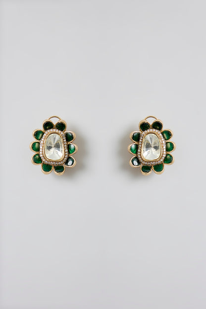 Rose Gold Finish Green Kundan Polki Hasli Necklace Set
