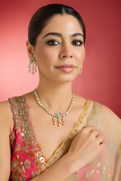 Rose Gold Finish Green Kundan Polki Necklace Set