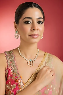 Rose Gold Finish Green Kundan Polki Necklace Set