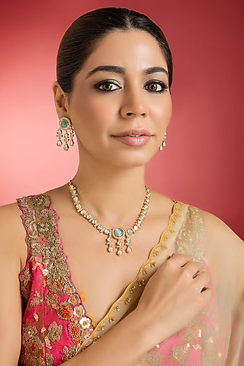 Rose Gold Finish Green Kundan Polki Necklace Set