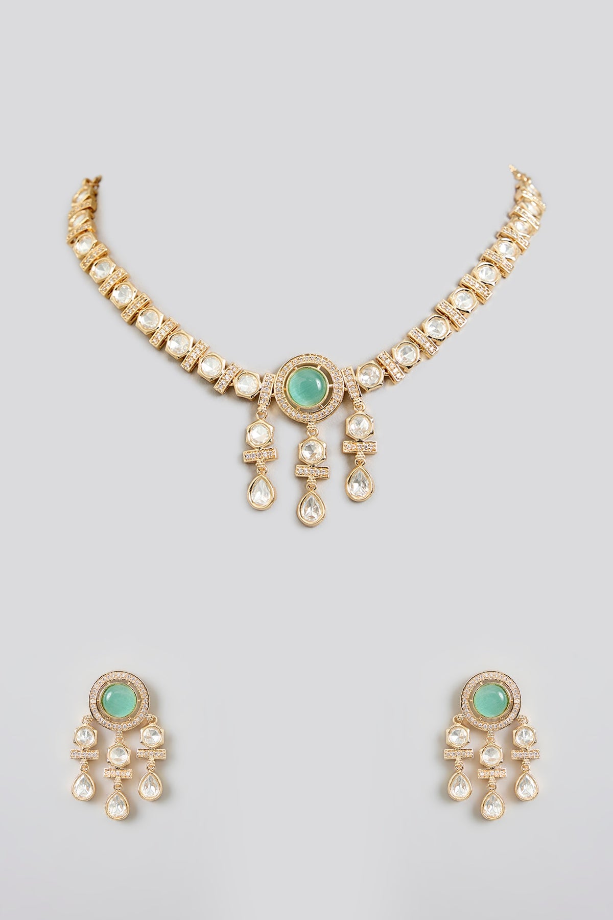 Rose Gold Finish Green Kundan Polki Necklace Set