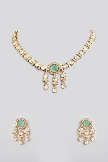 Rose Gold Finish Green Kundan Polki Necklace Set