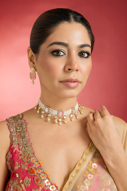 Rose Gold Finish Rose Quartz & Kundan Polki Choker Necklace Set