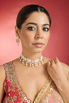 Rose Gold Finish Rose Quartz & Kundan Polki Choker Necklace Set