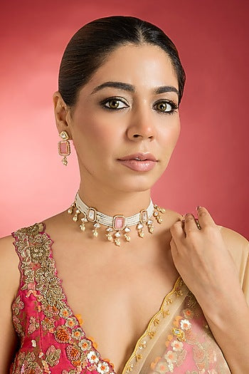Rose Gold Finish Rose Quartz & Kundan Polki Choker Necklace Set