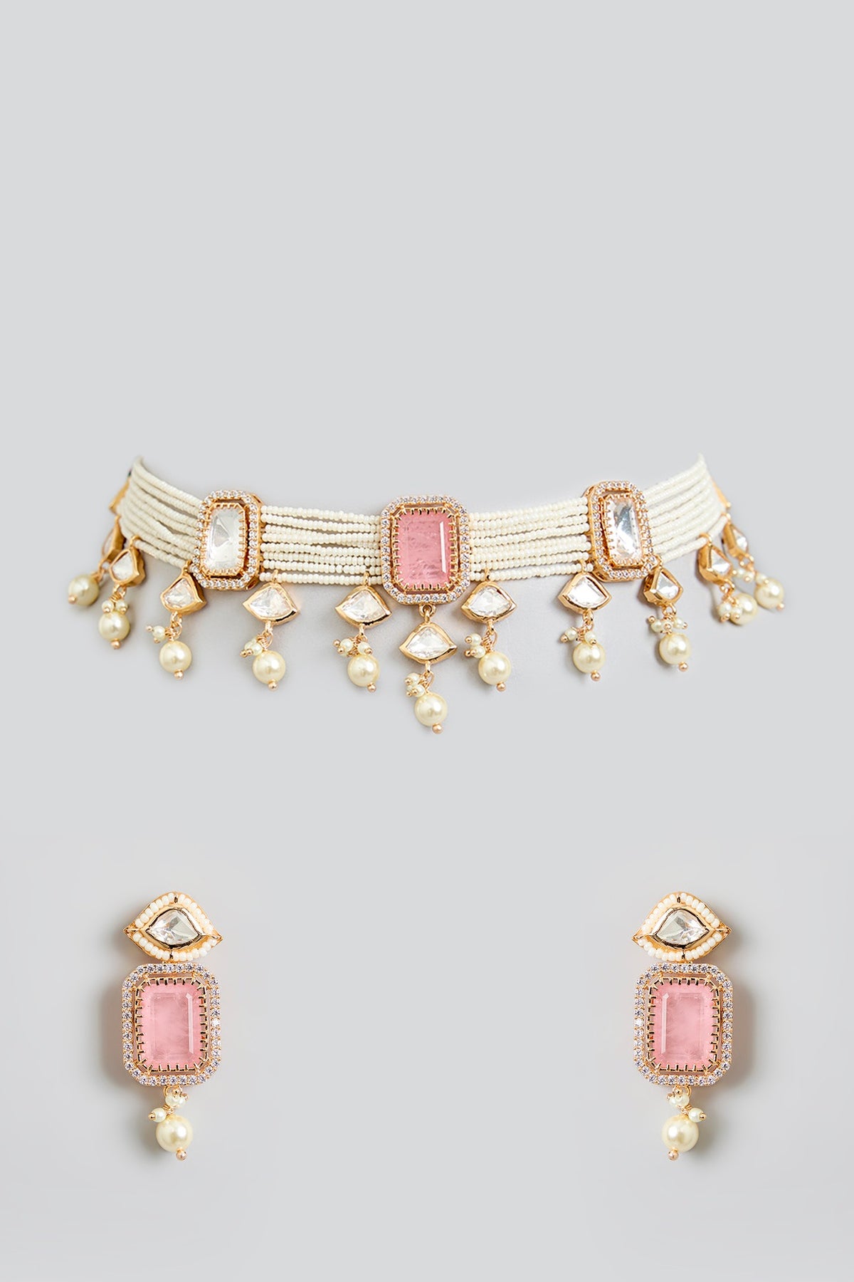 Rose Gold Finish Rose Quartz & Kundan Polki Choker Necklace Set