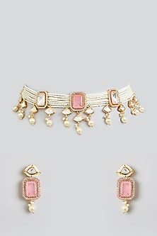Rose Gold Finish Rose Quartz & Kundan Polki Choker Necklace Set