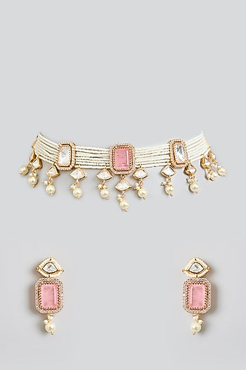 Rose Gold Finish Rose Quartz & Kundan Polki Choker Necklace Set