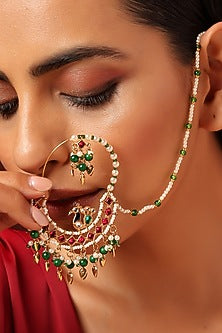 Gold Finish Kundan Polki & Pearl Nose Ring
