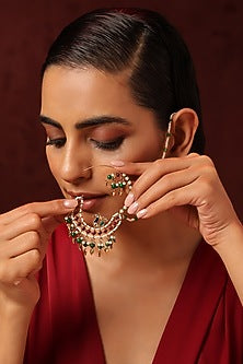 Gold Finish Kundan Polki & Pearl Nose Ring