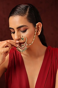 Gold Finish Kundan Polki & Pearl Nose Ring