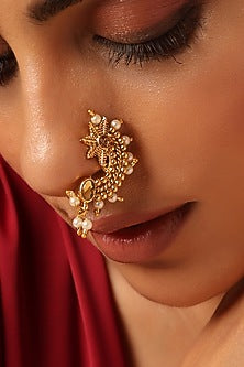 Gold Finish Kundan Polki & Pearl Nose Ring