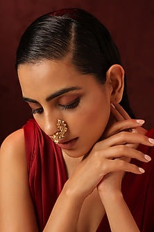 Gold Finish Kundan Polki & Pearl Nose Ring