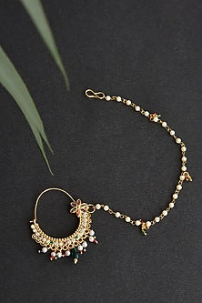 Gold Finish Kundan Polki & Pearl Nose Ring