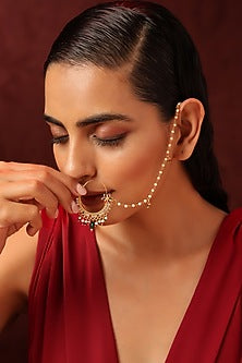 Gold Finish Kundan Polki & Pearl Nose Ring