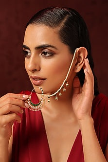Gold Finish Kundan Polki & Pearl Nose Ring